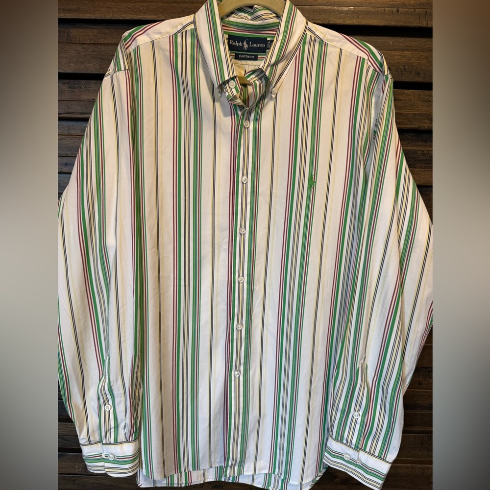 Ralph Lauren Mens 17 XL Shirt Multicolor Striped Custom Fit Long Sleeve Green